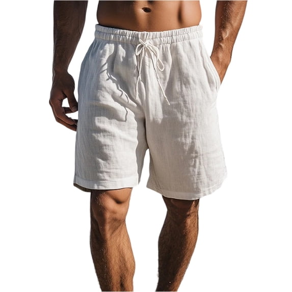 Domuza Mens Cotton Linen Shorts Knee Stretch Waist Mens Drawstring Elastic Waist Straight Leg Solid Color Breathable Daily White 2XL