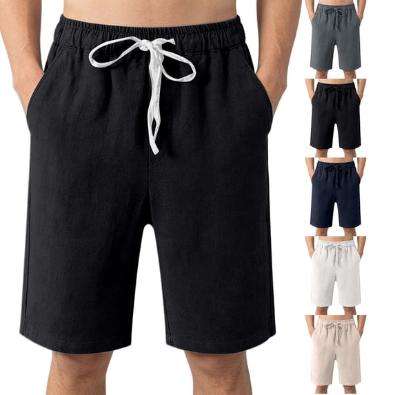 Domuza Mens Cotton Linen Shorts Summer Casual Classic Drawstring Elastic Waist Shorts with Pocket Black 3XL