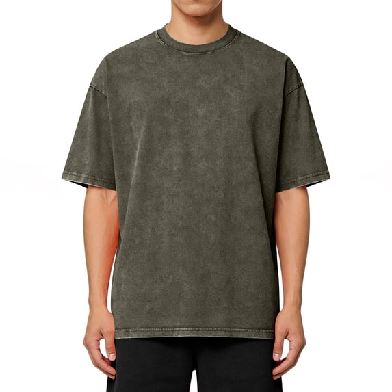 Domuza Mens Cotton T-Shirts Oversized Short Sleeves Wash Baggy Casual Tees Workout Solid Summer Tops Army Green 5XL