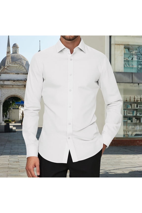 Mens Dress Shirts Long Sleeve Stretch Wrinkle-Free Classic Fit Formal T Shirt Business Casual Solid Button Up Lapel Blouse White 3XL