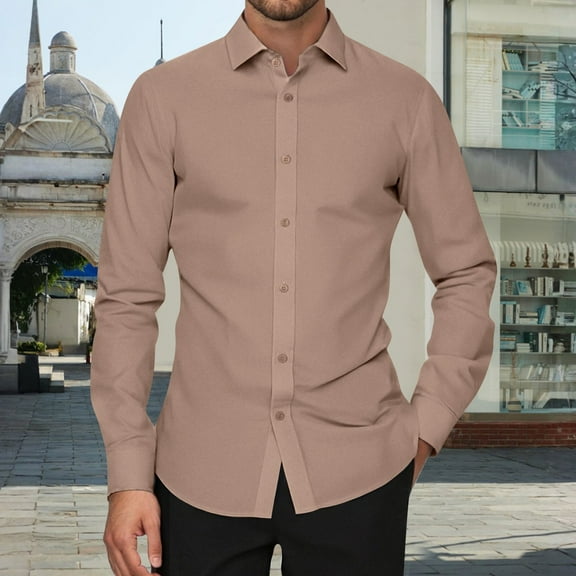 Domuza Mens Dress Shirts Long Sleeve Wrinkle-Free Stretch Classic Fit Formal T Shirts Business Casual Solid Button Down Collared Tops Khaki 3XL