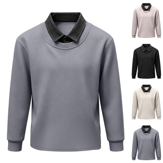 Domuza Mens Fake Two Pieces Polo Sweatshirt Fall Winter Stylish Casual Loose Long Sleeves Lapel Pullover Top Dark Gray XL