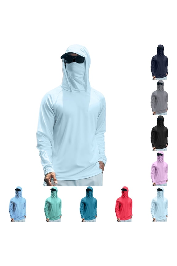 Mens Fishing Shirts Hoodie Sun Shirt UPF 50+ Long Sleeve UV Protection SPF Rash Guard Running Hiking Workout Light Blue S
