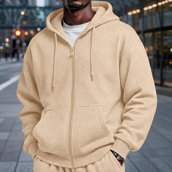Domuza Mens Fleece Hoodie Fall Winter Full-Zip Long Sleeve Sweatshirt with Kangaroo Pocket, Everyday Wear Beige 3XL