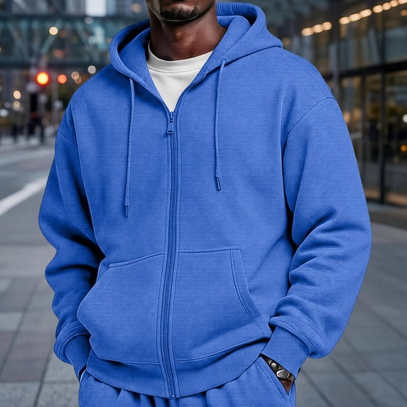Domuza Mens Fleece Hoodie Fall Winter Full-Zip Long Sleeve Sweatshirt with Kangaroo Pocket, Everyday Wear Royal Blue XL