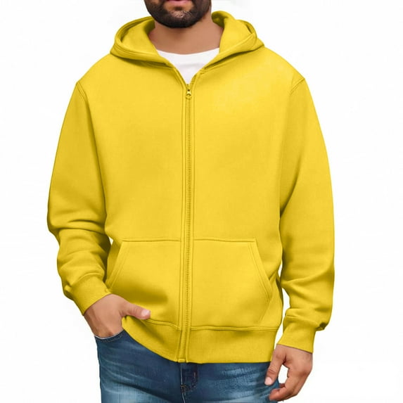 Domuza Mens Full Zip Casual Cotton Hooded Fleece Solid Color Hooded Sweatshirt Fall Winter Trendy Loose Fit Sport Pullover with Pockets Saffron L