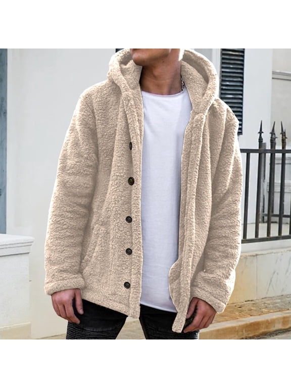Mens Fuzzy Sherpa Jacket Fluffy Fleece Open Front Cardigan Button Up Coat Fall Winter Warm Thicken Lined Soft Comfy Outerwear Beige L