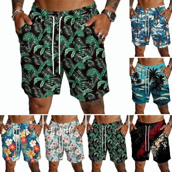 Domuza Mens Graphic Shorts Drawstring Waist Beach Hawaiian Athletic Workout Elastic Lightweight Summer Casual Shorts with Pocket Green L