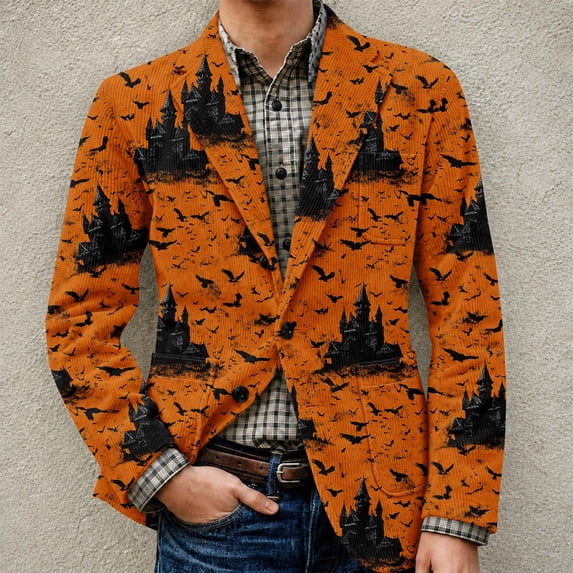 Domuza Mens Halloween Blazer Casual Long Sleeve Corduroy Suit Jackets Sports Coats One Button Business Jacket with Pockets Orange 3XL