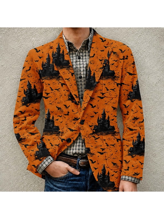 Mens Halloween Blazer Casual Long Sleeve Corduroy Suit Jackets Sports Coats One Button Business Jacket with Pockets Orange L