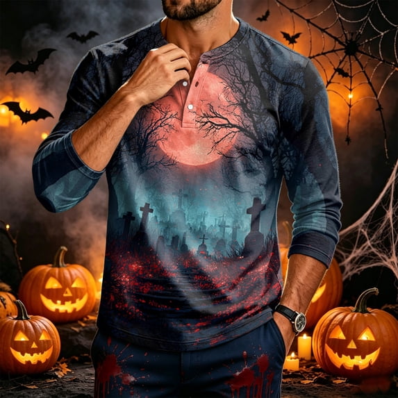 Domuza Mens Halloween Henley Shirts Funny Novelty Print Casual Long Sleeve Button Up Basic T-Shirts Comfy Soft Regular Fit Tops M