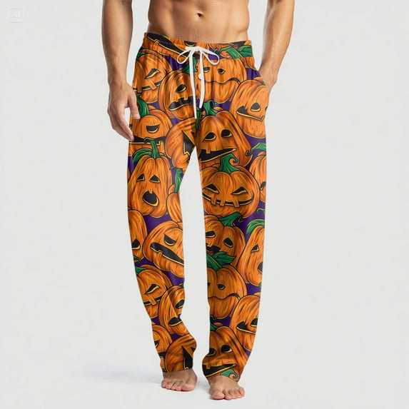 Domuza Mens Halloween Pajamas Funny Spooky Print Casual Drawstring Sleep Pants Lightweight Soft Cotton Lounge Pjs Bottoms with Pockets Orange 3XL