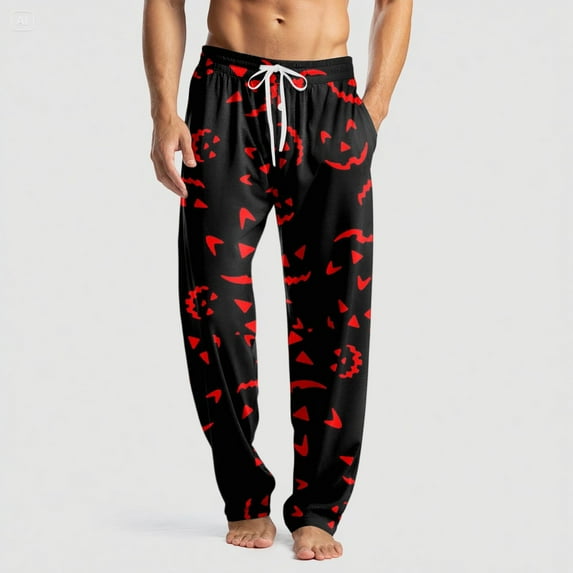 Domuza Mens Halloween Pajamas Horror Funny Print Casual Drawstring Pajama Pants Lightweight Cotton Soft Lounge Pjs Bottoms with Pockets Black XL