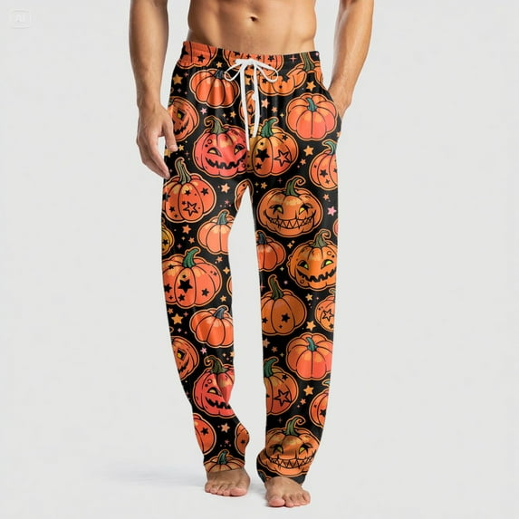Domuza Mens Halloween Pajamas Novelty Horror Print Casual Drawstring Sleep Pants Lightweight Cotton Soft Lounge Pajama Bottoms with Pockets Saffron 3XL