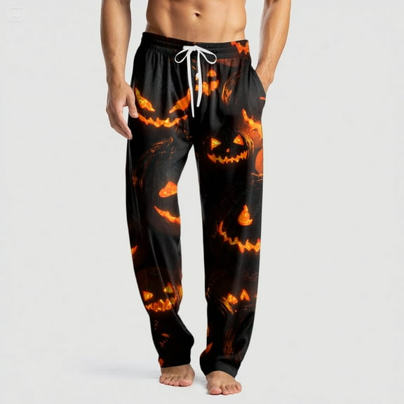 Domuza Mens Halloween Pajamas Spooky Novelty Print Casual Drawstring Sleep Pants Lightweight Soft Cotton Lounge Pajama Bottoms with Pockets Yellow 3XL