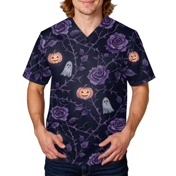 Domuza Mens Halloween Scrubs Top Funny Spooky Print V-Neck Short Sleeve Working Uniform Shirts Comfy Soft Classic Fit Medical Scrub Tops L