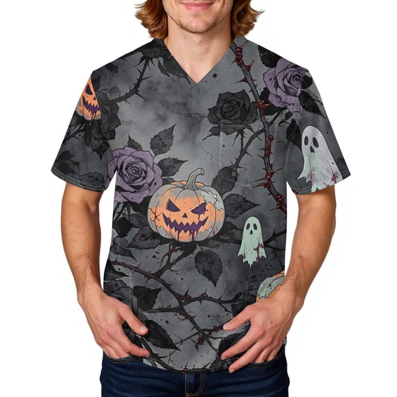 Domuza Mens Halloween Scrubs Top Horror Funny Print V-Neck Short Sleeve Work Uniform Shirts Comfy Soft Classic Fit Medical Scrub Tops 5XL