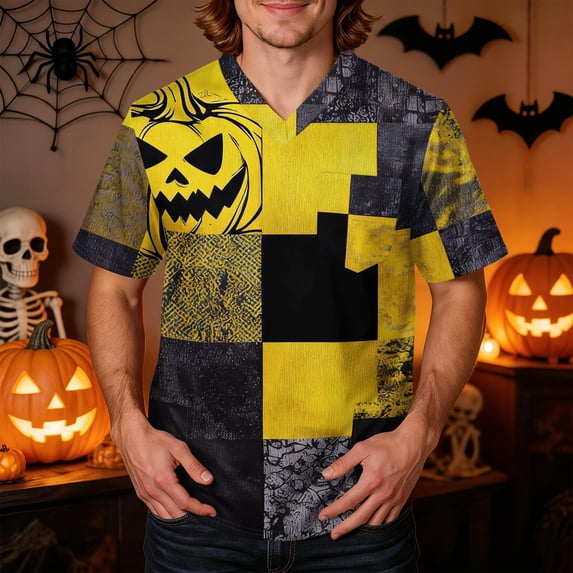 Domuza Mens Halloween Scrubs Top Novelty Spooky Print V-Neck Short Sleeve Nurse Uniform Shirts Comfy Soft Relaxed Fit Medical Workwear 2XL