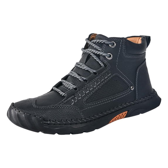 Domuza Mens Handmade Leather Chukka Ankle Boots, Lace-Up Mid-Top Flat Casual Sneakers with Arch Support, Waterproof Lightweight Breathable Non-Slip Footwear Black 10.5 (EU-46)