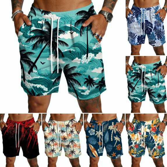 Domuza Mens Hawaiian Beach Shorts Elastic Waist Drawstring Lightweight Summer Vacation Casual Shorts with Pocket Green M