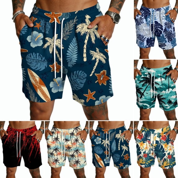 Domuza Mens Hawaiian Beach Shorts Elastic Waist Drawstring Lightweight Summer Vacation Casual Shorts with Pocket Light Blue S