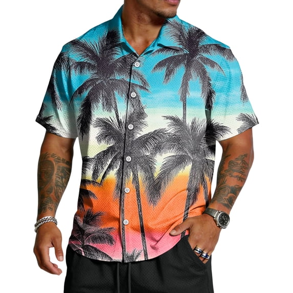 Domuza Mens Hawaiian Shirt Casual Short Sleeves Button Down Lapel Tshirts New Trendy Comfy Vacation Beach Tropical Blouses Light Blue XL
