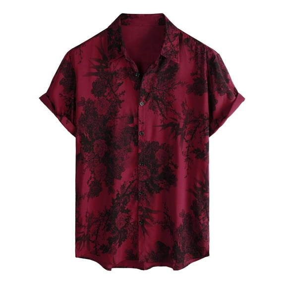 Domuza Mens Hawaiian Shirts Short Sleeve Casual Button Down Floral Printed Beach Shirts Summer Tropical Vacation Collared T-Shirt Wine S