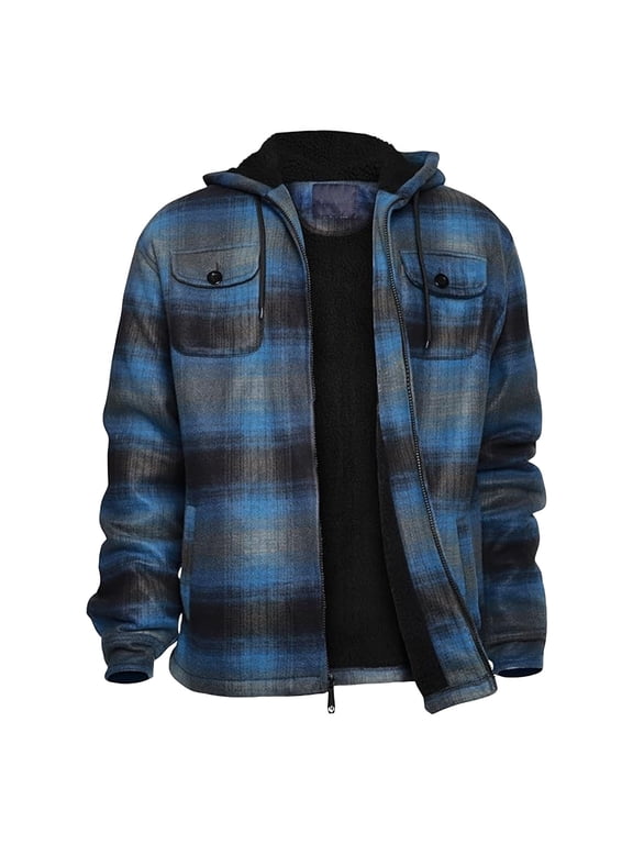 Mens Heavy Thick Flannel Plaid Jacket Sherpa Fleece Lined Relaxed Fit Hooded Coat Fall Winter Warm Full Zip Quilted Sweatshirt Jacket Royal Blue XL