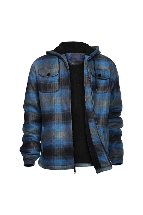 Mens Heavy Thick Flannel Plaid Jacket Sherpa Fleece Lined Relaxed Fit Hooded Coat Fall Winter Warm Full Zip Quilted Sweatshirt Jacket Royal Blue XL