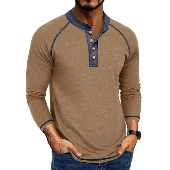 Domuza Mens Henley Long Sleeve Casual Raglan Long Sleeve T Shirts Lightweight Comfy Slim Fit Tops Fashion Button Up Blouse Khaki M