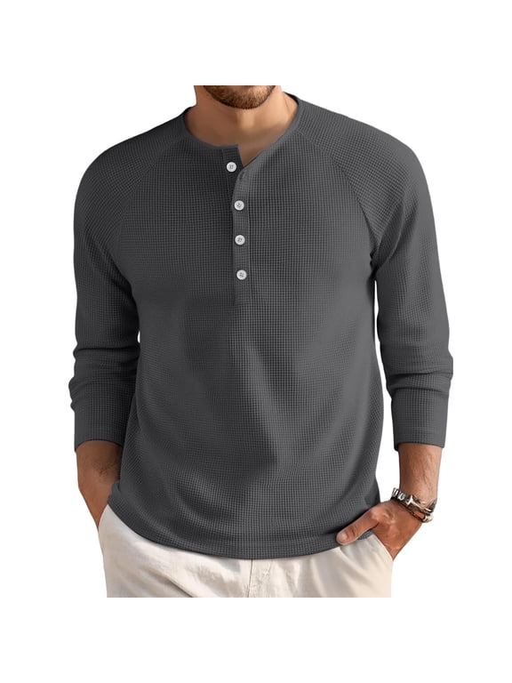 Mens Henley Long Sleeve Shirts Casual Comfy Fashion Button Down Waffle Tshirts Fall Thermal Lightweight Basic Slim Fit Blouse Dark Gray XL