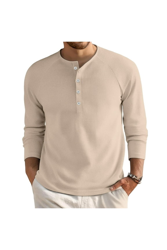 Mens Henley Long Sleeve Shirts Casual Comfy Trendy Button Up Waffle Tshirts Fall Thermal Lightweight Basic Slim Fit Pullover Beige XXL