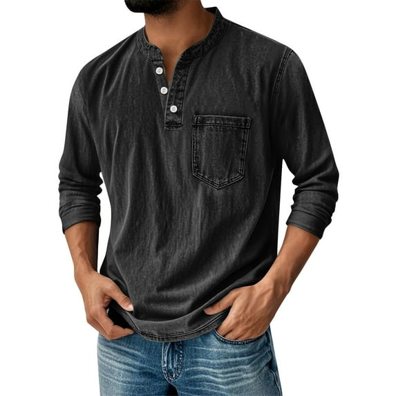 Domuza Mens Henley Long Sleeve Shirts Retro Distressed Washed Cotton Shirts Casual Loose Fit Button Up Collared Blouse with Pockets Army Green XL