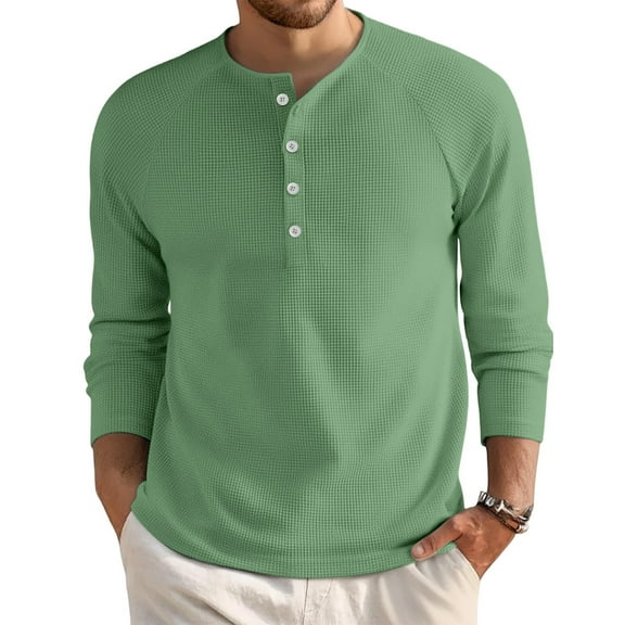 Domuza Mens Henley Shirts Casual Fashion Long Sleeve Button Down Waffle Tops Fall Thermal Comfy Lightweight Basic Slim Fit Pullover Light Green XXL