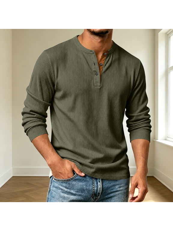 Mens Henley Shirts Corduroy Button Down Shirt Fall Fashion Casual Plain Long Sleeve Tees Comfy Soft Tops