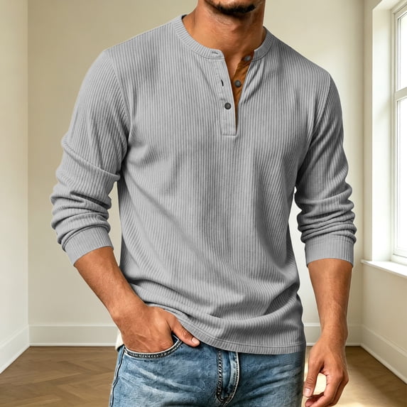 Domuza Mens Henley Shirts Corduroy Button Down Shirt Fall Fashion Casual Plain Long Sleeve Tees Comfy Soft Tops