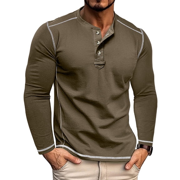 Domuza Mens Henley Shirts Long Sleeve Casual Button Down Tshirts Fashion Classic Fit Cotton Soft Comfy Tee Shirt Army Green XL