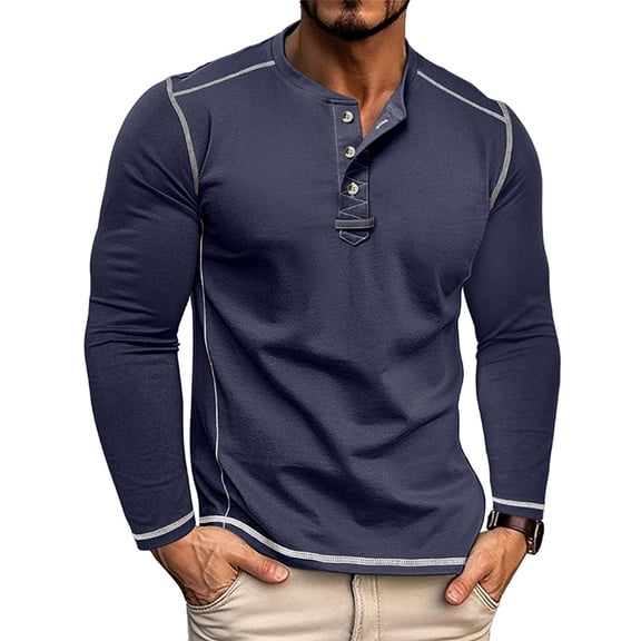 Domuza Mens Henley Shirts Long Sleeve Casual Button Up T Shirt Trendy Classic Fit Cotton Comfy Soft Pullover Navy 3XL
