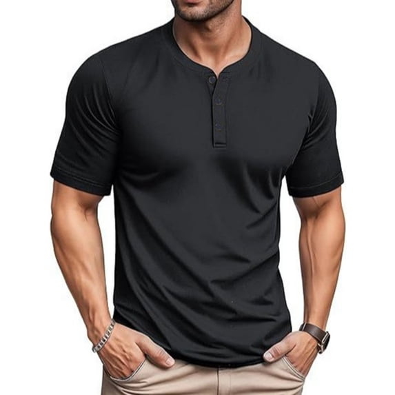 Domuza Mens Henley Shirts Short Sleeve Casual Summer Basic T-Shirts 3 Button Solid Collarless Shirts for Work Black 3XL