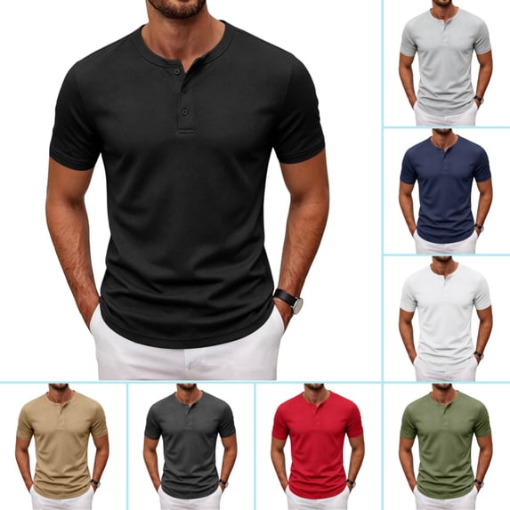 Domuza Mens Henley Shirts Short Sleeve Casual Summer Basic T-Shirts 3 Button Solid Collarless Shirts for Work