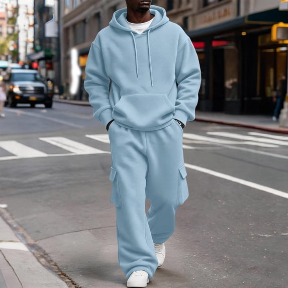 Domuza Mens Hooded Tracksuit 2 Piece Athletic Set, Long Sleeve Pullover Hoodie and Cargo Sweatpants Sweatsuit, Gym Jogging Suit for Athletic Light Blue XL