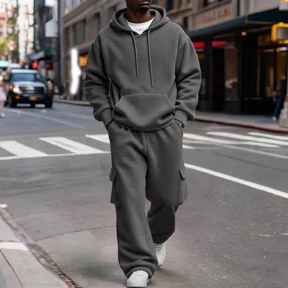Domuza Mens Hooded Tracksuit 2 Piece Athletic Set, Long Sleeve Pullover Hoodie and Cargo Sweatpants Sweatsuit, Gym Jogging Suit for Athletic Gray S