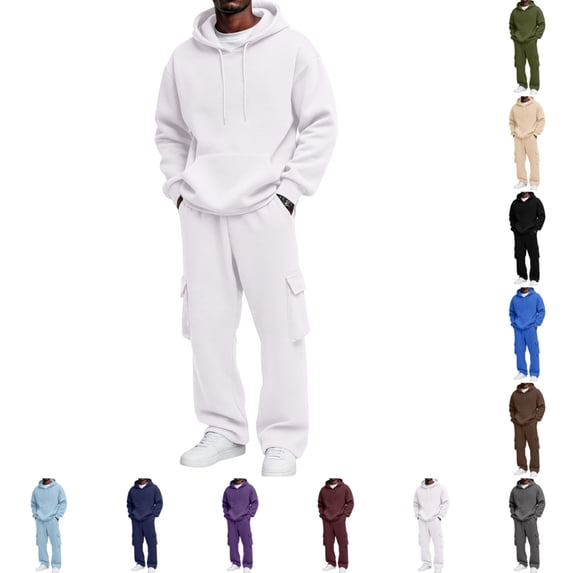 Domuza Mens Hooded Tracksuit 2 Piece Athletic Set, Long Sleeve Pullover Hoodie and Cargo Sweatpants Sweatsuit, Gym Jogging Suit for Athletic White M