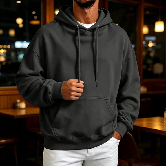 Domuza Mens Hoodie Long Sleeve Hooded Sweatshirt Casual Basic Essential Drawstring Pullover Hoodie With Pocket - Dark Gray 2XL