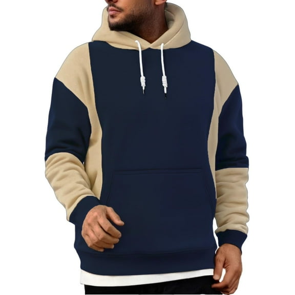 Domuza Mens Hoodies Cotton Long Sleeve Drawstring Hooded Sweatshirt Fall Winter Stylish Casual Color Block Loose Fit Pullover with Kanga Pocket Navy M