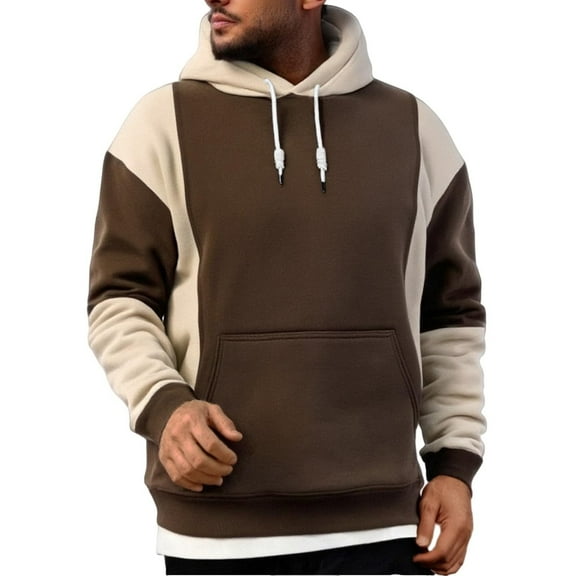 Domuza Mens Hoodies Cotton Long Sleeve Drawstring Sweatshirt Fall Winter Fashion Casual Color Block Baggy Pullover Top with Kanga Pocket Brown 2XL