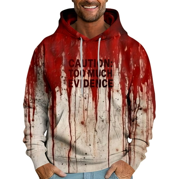 Domuza Mens Hoodies Halloween Spooky Funny Print Drawstring Hooded Sweatshirt Fall Winter Casual Long Sleeve Loose Fit Pullover Top with Kangaroo Pocket Wine S