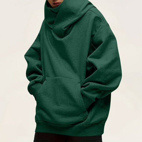 Domuza Mens Hoodies Pullover Cowl Neck Fleece Solid Color Heavyweight Hooded Sweatshirt Fall Winter Thermal Stylish Relaxed Fit Pullover with Pocket Green M