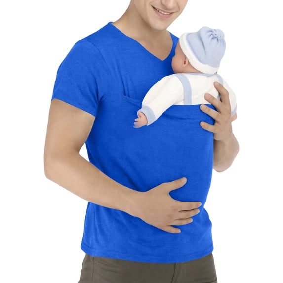 Domuza Mens Kangaroo Baby Carrier Shirt Funny Skin To Skin Short Sleeve V Neck Shirts 2026 New Stylish Comfort Novelty Blouses with Pocket Blue L