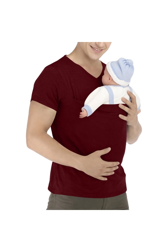 Mens Kangaroo Baby Carrier Shirt Funny Skin To Skin Short Sleeve V-Neck T Shirts 2026 Summer Stylish Comfy Novelty Tops with Pocket Wine M